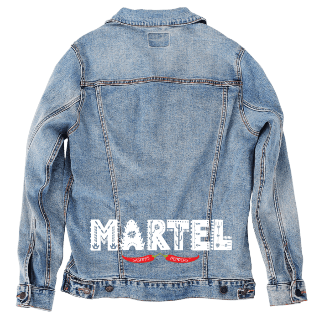Custom Denim Jacket – Customer Designed – “MARTEL” Distressed White Text with Red Sashito Peppers Banner Back Art – 3 Color Choices (hand - crafted) custom denim jacket by DenimINK