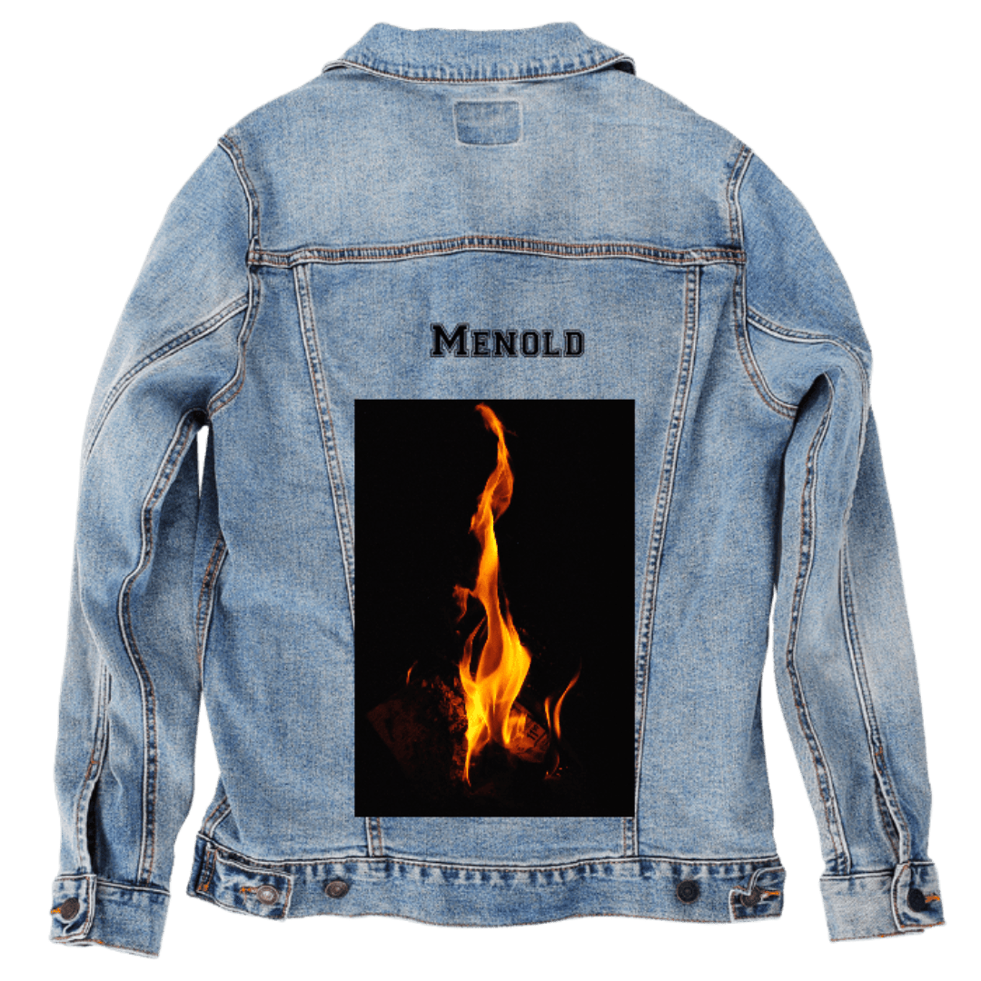 Custom Denim Jacket – Customer Designed – “MENOLD” Text with Dramatic Tall Orange Flame on Black Background Back Art – 3 Color Choices (hand - crafted) custom denim jacket by DenimINK