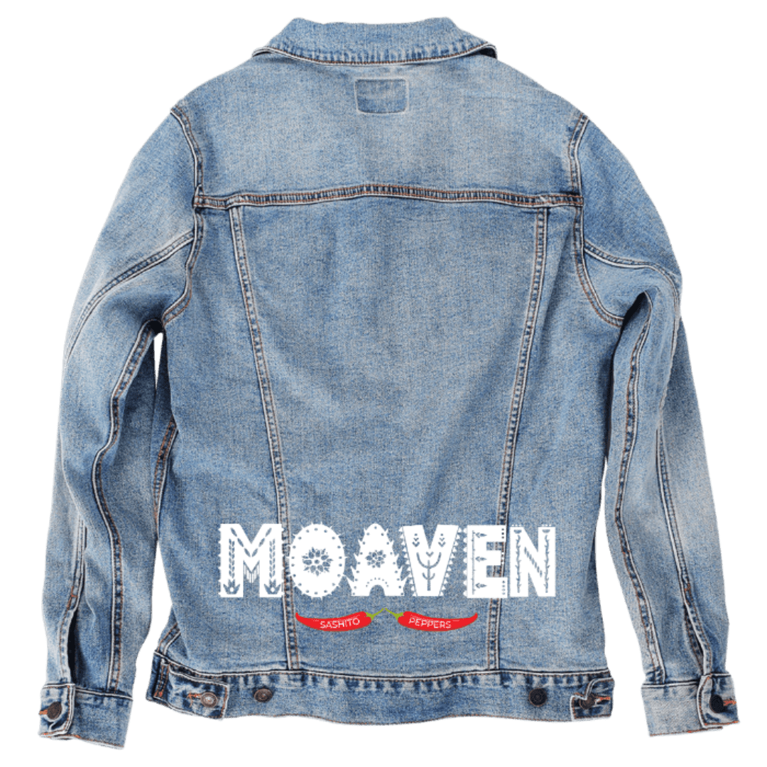 Custom Denim Jacket – Customer Designed – “MOAVEN” Distressed White Text with Red Sashito Peppers Banner Back Art – 3 Color Choices (hand - crafted) custom denim jacket by DenimINK