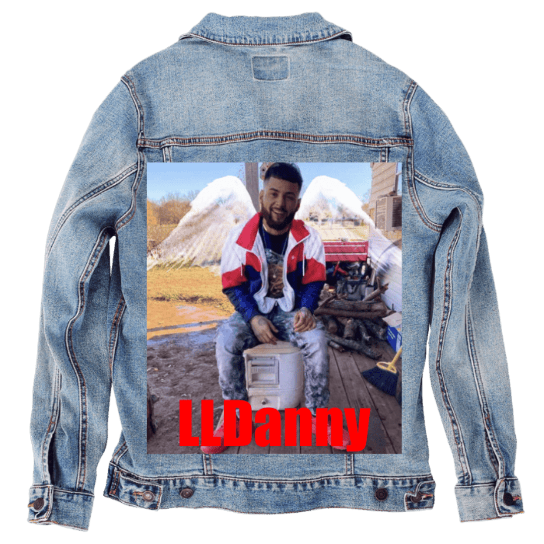 Custom Denim Jacket – Outdoor Portrait with Angel - Wing Effect & Red “LLDanny” Text Back Art – Customer Designed (hand - crafted) – 3 Color Choices custom denim jacket by DenimINK