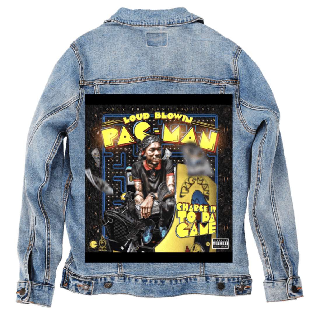 Custom Denim Jacket – Customer Designed – “PAC - MAN / Charge It to Da Game” Stylized Album - Art Back Graphic – 3 Color Choices (hand - crafted) custom denim jacket by DenimINK
