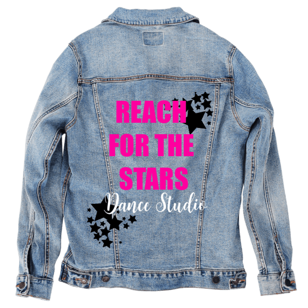 Custom Denim Jacket – Customer Designed – “REACH FOR THE STARS / Dance Studio” Star Graphics Back Art – 3 Color Choices (hand - crafted) | 1020 custom denim jacket by DenimINK