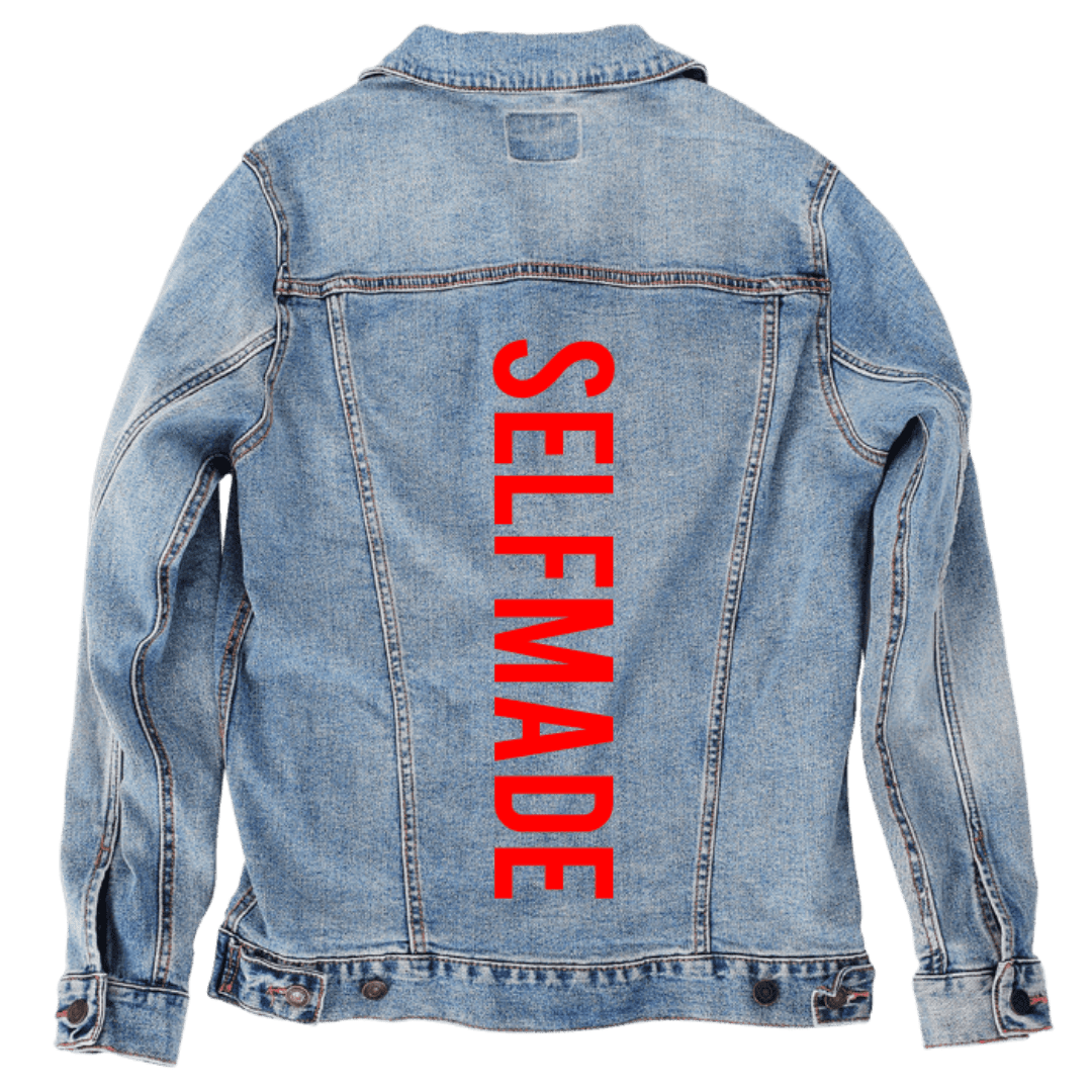 Custom Denim Jacket – Customer Designed – “SELFMADE” Vertical Red Text Back Art – 3 Color Choices (hand - crafted) custom denim jacket by DenimINK