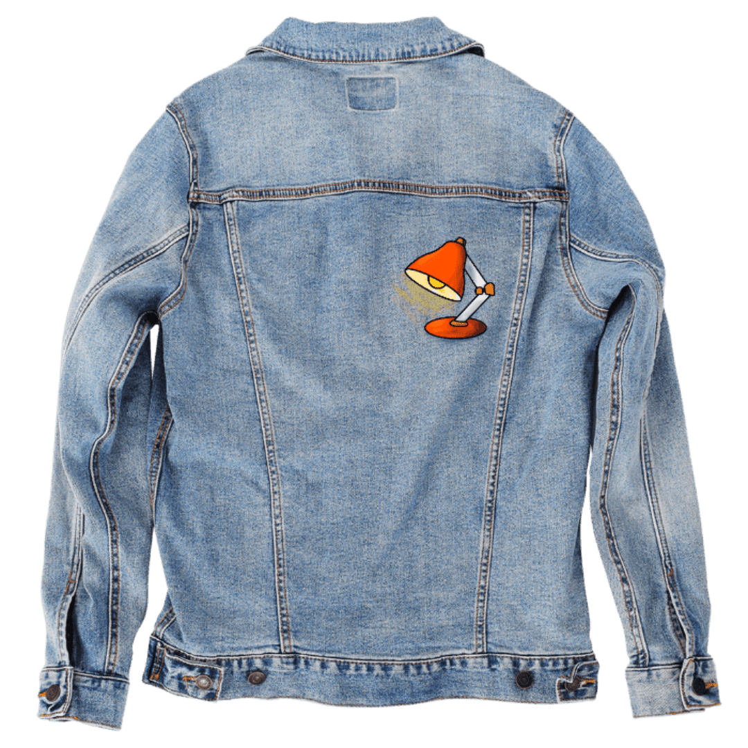 Custom Denim Jacket – Small Orange Desk Lamp Cartoon Illustration – Customer Designed (hand - crafted) – 3 Color Choices custom denim jacket by DenimINK