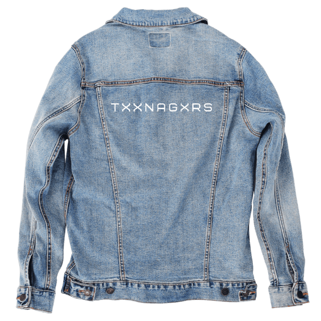 Custom Denim Jacket – Customer Designed – “TXXNAGXRS” White Text Back Art – 3 Color Choices (hand - crafted) custom denim jacket by DenimINK