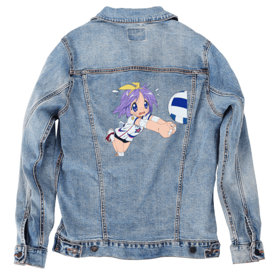Custom Denim Jacket – Customer Designed – Chibi Volleyball Player with Purple Hair, Yellow Bow & Blue - White Ball Back Art – 3 Color Choices (hand - crafted) custom denim jacket by DenimINK