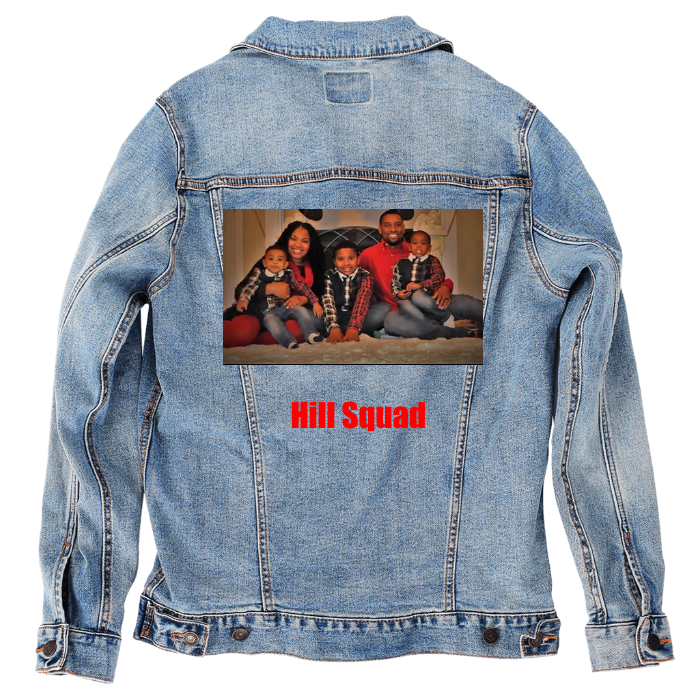 Customer Designed Custom Denim Jacket (hand-crafted) with 3 color choices of jacket: Stonewash, White, or Black. Unisex XS S M L XL 2X 3X. USA hand-crafted and USA digitally printed. Ships free within the USA & also ships Internationally.
