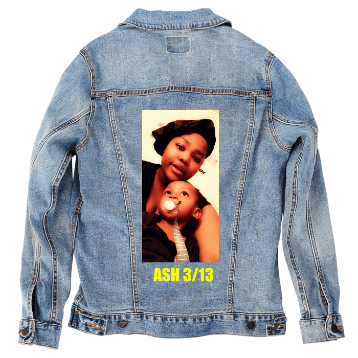 Customer Designed Custom Denim Jacket (hand-crafted) with 3 color choices of jacket: Stonewash, White, or Black. Unisex XS S M L XL 2X 3X. USA hand-crafted and USA digitally printed. Ships free within the USA & also ships Internationally.