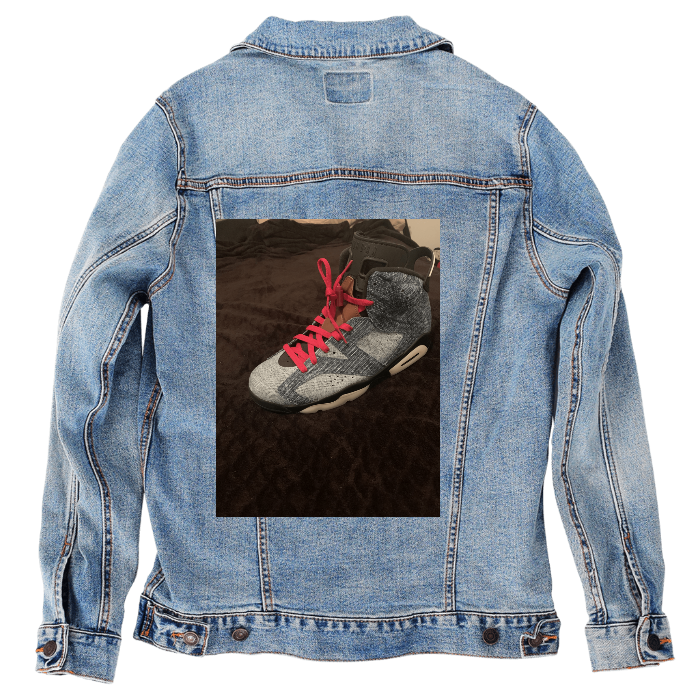 Customer Designed Custom Denim Jacket (hand-crafted) with 3 color choices of jacket: Stonewash, White, or Black. Unisex XS S M L XL 2X 3X. USA hand-crafted and USA digitally printed. Ships free within the USA & also ships Internationally.