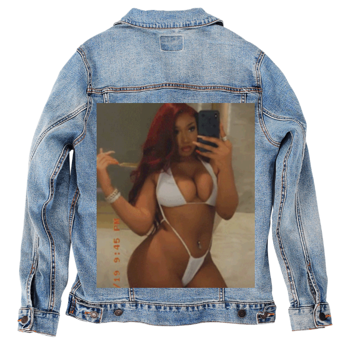 Customer Designed Custom Denim Jacket (hand-crafted) with 3 color choices of jacket: Stonewash, White, or Black. Unisex XS S M L XL 2X 3X. USA hand-crafted and USA digitally printed. Ships free within the USA & also ships Internationally.