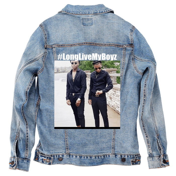Customer Designed Custom Denim Jacket (hand-crafted) with 3 color choices of jacket: Stonewash, White, or Black. Unisex XS S M L XL 2X 3X. USA hand-crafted and USA digitally printed. Ships free within the USA & also ships Internationally.