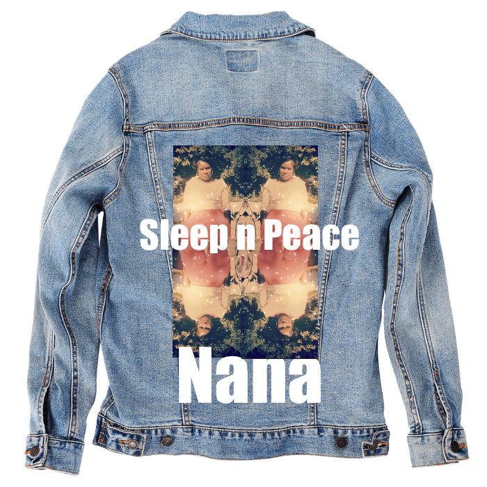 Customer Designed Custom Denim Jacket (hand-crafted) with 3 color choices of jacket: Stonewash, White, or Black. Unisex XS S M L XL 2X 3X. USA hand-crafted and USA digitally printed. Ships free within the USA & also ships Internationally.
