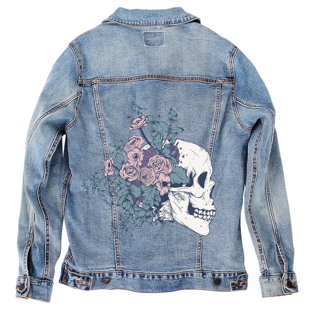 FLORAL SKULL BEAUTY by JESS ADAMS, digitally printed on DENIM products: throw pillows, aprons, table place mats, and hand-crafted Unisex Denim Jackets in 3 color choices