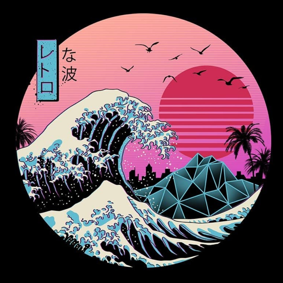 GREAT RETRO WAVE by VINCENT TRINIDAD, digitally printed on DENIM products: throw pillows, aprons, table place mats, and hand-crafted Unisex Denim Jackets in 3 color choices