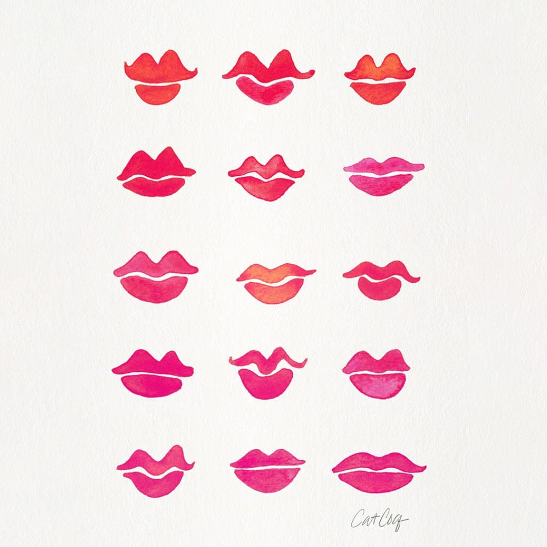 illustration of fifteen watercolor lips arranged in a five-by-three grid, each with a unique shape & hue. colors range from bright coral & soft red to deep fuchsia & magenta, with soft edges & gradient shading that give a playful, hand-painted feel. the lips are evenly spaced on a white background. signed “CatCoq” in the bottom right corner.