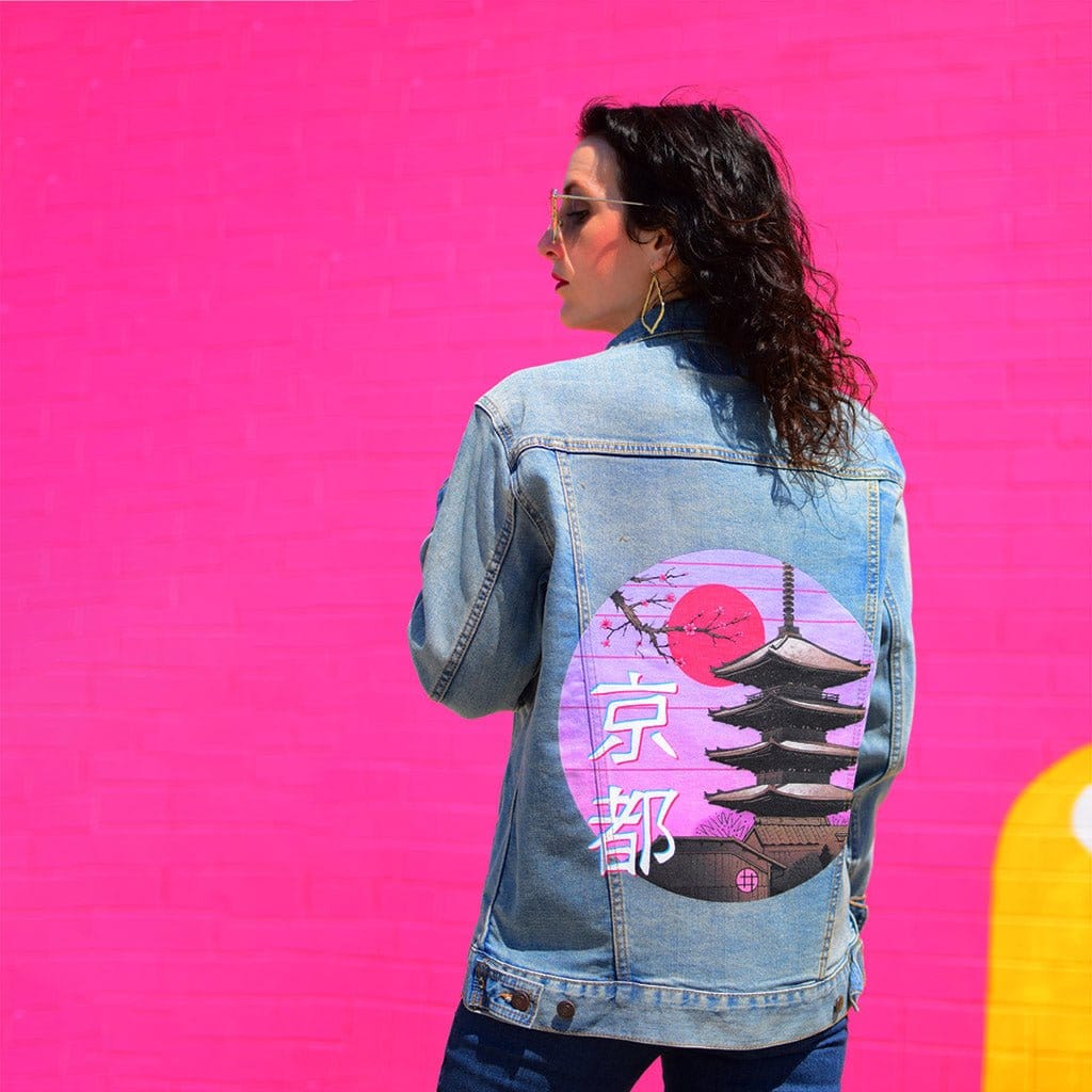 KYOTO WAVE by VINCENT TRINIDAD, digitally printed on DENIM products: throw pillows, aprons, table place mats, and hand-crafted Unisex Denim Jackets in 3 color choices