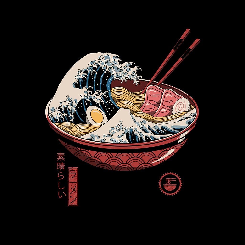 Printed Denim Jacket GREAT RAMEN WAVE by VINCENT TRINID, digitally printed on DENIM products: throw pillows, aprons, table place mats, and hand-crafted Unisex Denim Jackets in 3 color choices