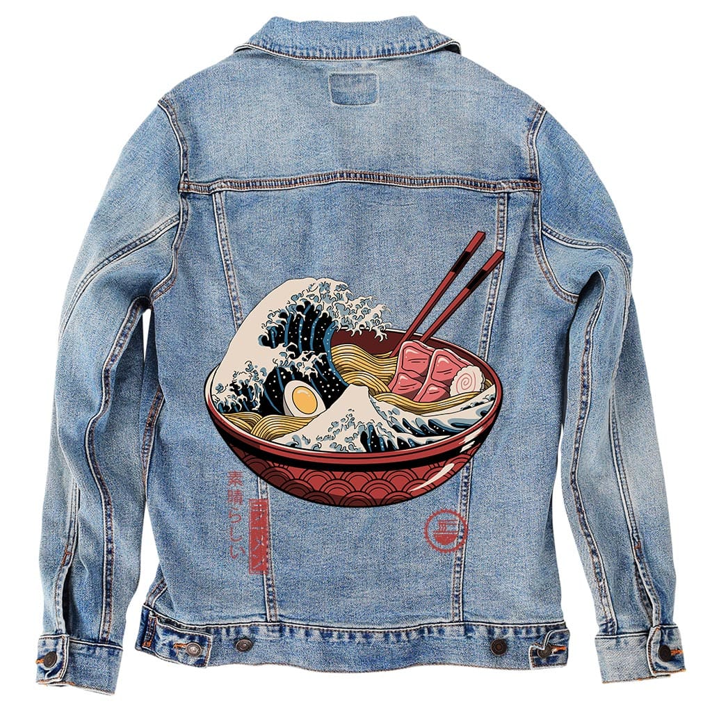Printed Denim Jacket GREAT RAMEN WAVE by VINCENT TRINID, digitally printed on DENIM products: throw pillows, aprons, table place mats, and hand-crafted Unisex Denim Jackets in 3 color choices