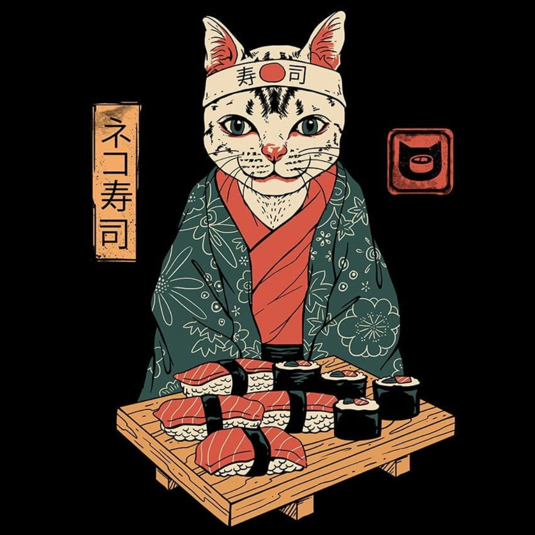 Printed Denim Jacket NEKO SUSHI BAR by VINCENT TRINIDAD, digitally printed on DENIM products: throw pillows, aprons, table place mats, and hand-crafted Unisex Denim Jackets in 3 color choices