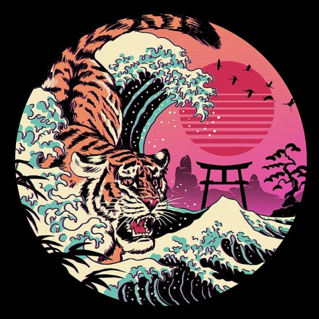 RAD TIGER WAVE by VINCENT TRINIDAD, digitally printed on DENIM products: throw pillows, aprons, table place mats, and hand-crafted Unisex Denim Jackets in 3 color choices