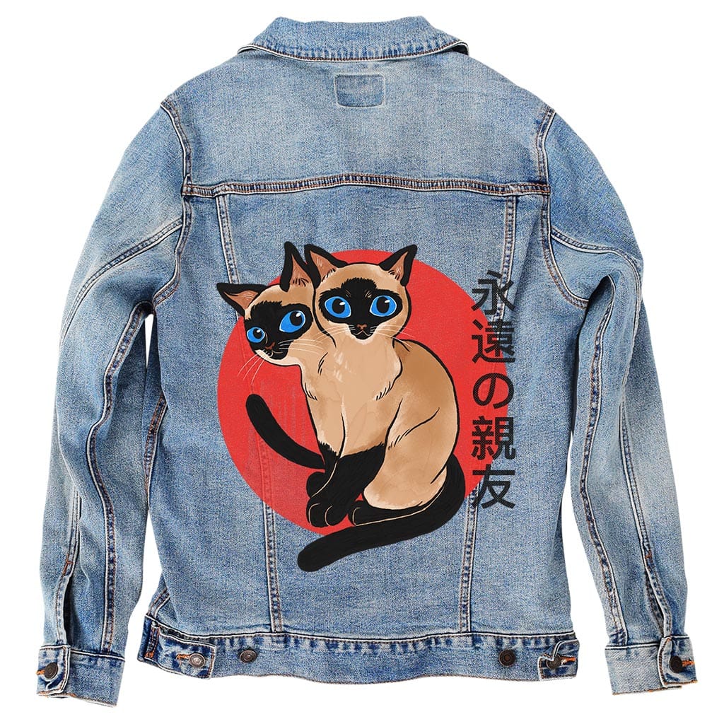 SIAMESE by PEPE RODRIGUEZ aka PPMID, digitally printed on DENIM products: throw pillows, aprons, table place mats, and hand-crafted Unisex Denim Jackets in 3 color choices