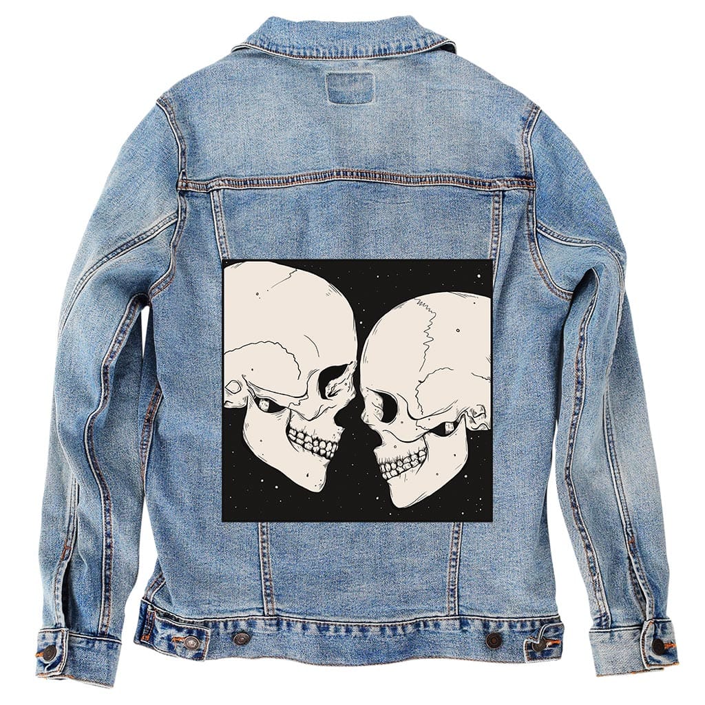 STAR CROSSED LOVERS by JESS ADAMS, digitally printed on DENIM products: throw pillows, aprons, table place mats, and hand-crafted Unisex Denim Jackets in 3 color choices