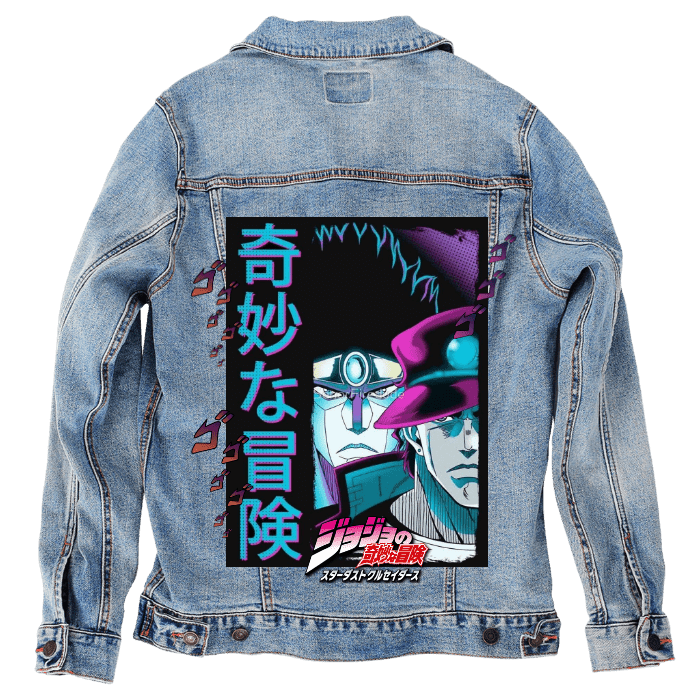 Fan Feature Friday — Toby Osiene’s custom denim jacket with anime-inspired design in vivid neon colors, printed on light blue denim