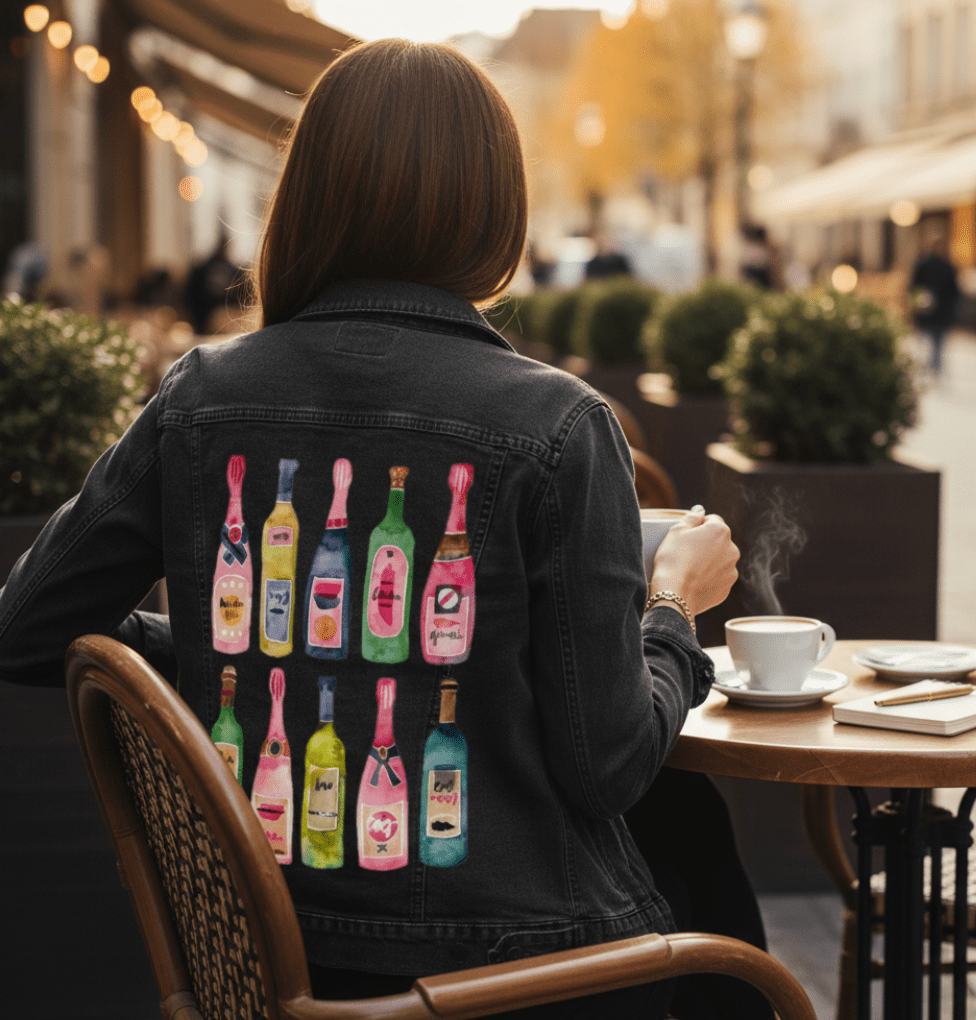 “Fan Feature Friday — Kiki wearing her oversized black denim jacket from the Champagne Collection by CatCoq, featuring colorful champagne bottles.”