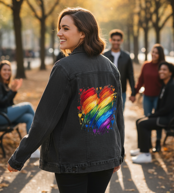 BOLD HEARTS &amp; BRIGHT COLORS, digitally printed on DENIM products: throw pillows, aprons, table place mats, hand-made Unisex Denim Jackets in 3 color choices