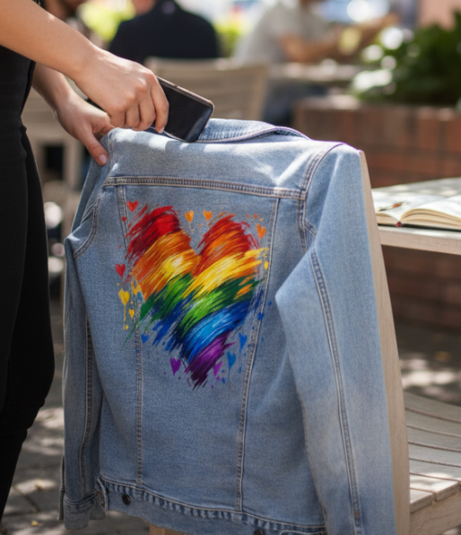 BOLD HEARTS &amp; BRIGHT COLORS, digitally printed on DENIM products: throw pillows, aprons, table place mats, hand-made Unisex Denim Jackets in 3 color choices