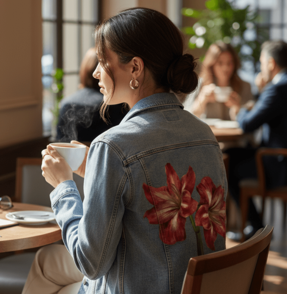 2 RED LILY by RaMir DESIGNS,printed by DenimINK on hand-crafted Denim Jackets and other denim products and other denim products: tote bags, throw pillows, table place mats, aprons