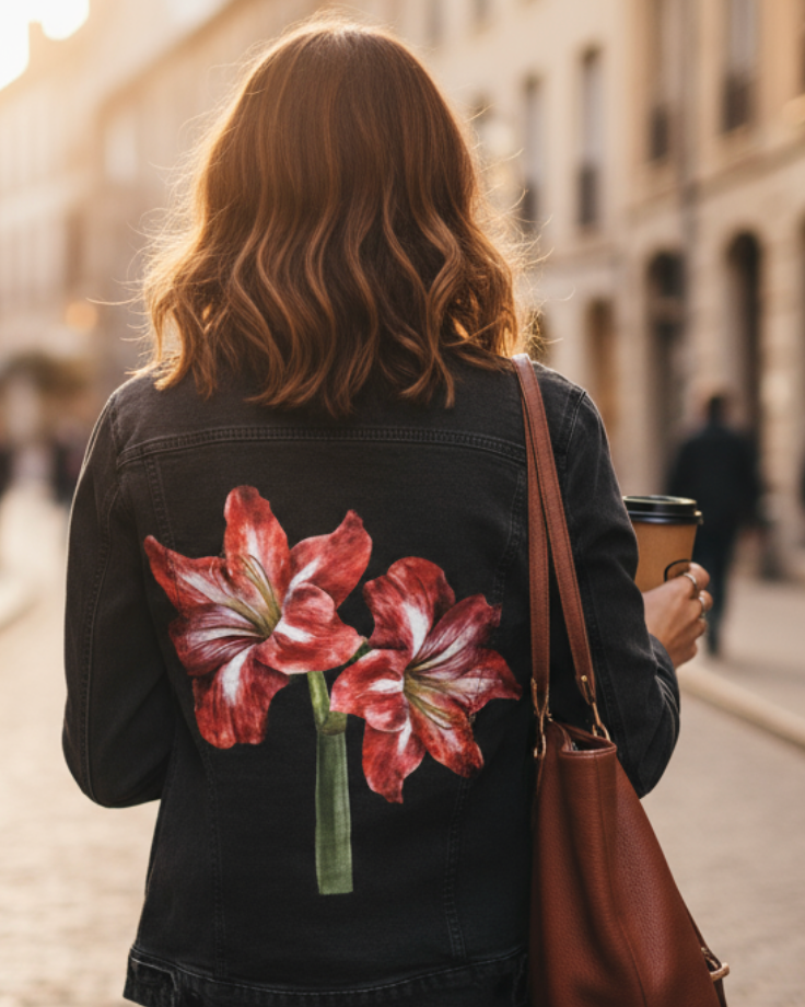 2 RED LILY by RAMIR DESIGNS, digitally printed on DENIM products: throw pillows, aprons, table place mats, and hand-made Unisex Denim Jackets in 3 color choices