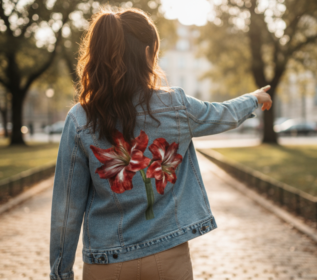 2 RED LILY by RAMIR DESIGNS, digitally printed on DENIM products: throw pillows, aprons, table place mats, and hand-made Unisex Denim Jackets in 3 color choices