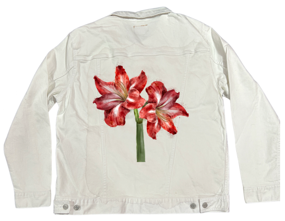 2 RED LILY by RAMIR DESIGNS, digitally printed on DENIM products: throw pillows, aprons, table place mats, and hand-made Unisex Denim Jackets in 3 color choices