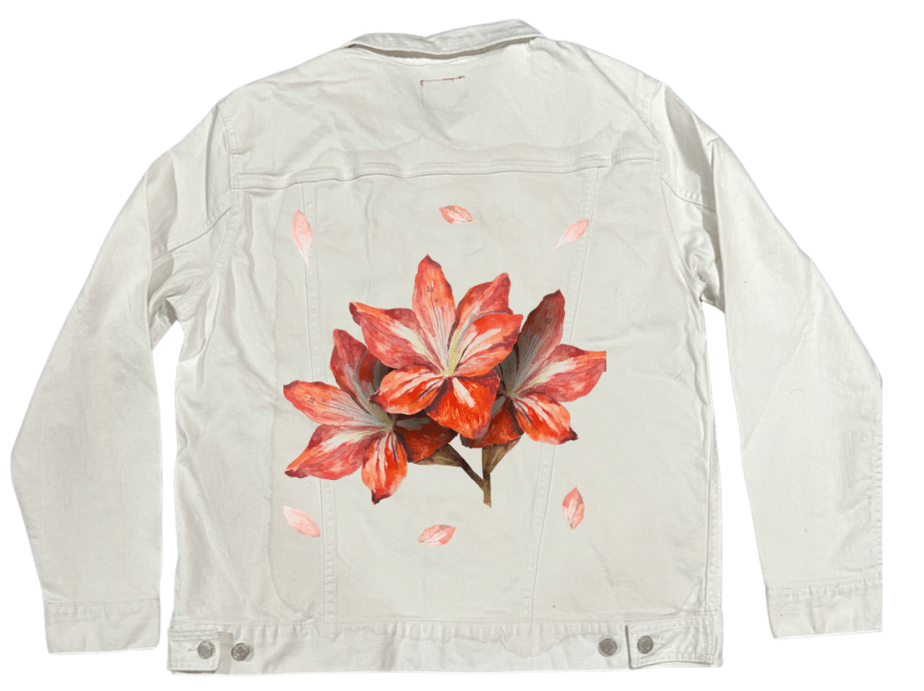 3 RED FLOWERS by RaMir DESIGNS,printed by DenimINK on hand-crafted Denim Jackets and other denim products and other denim products: tote bags, throw pillows, table place mats, aprons