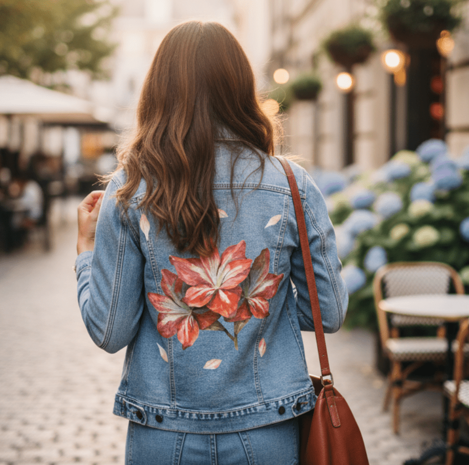 3 RED FLOWERS by RaMir DESIGNS,printed by DenimINK on hand-crafted Denim Jackets and other denim products and other denim products: tote bags, throw pillows, table place mats, aprons
