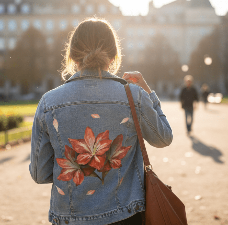 3 RED FLOWERS by RaMir DESIGNS,printed by DenimINK on hand-crafted Denim Jackets and other denim products and other denim products: tote bags, throw pillows, table place mats, aprons
