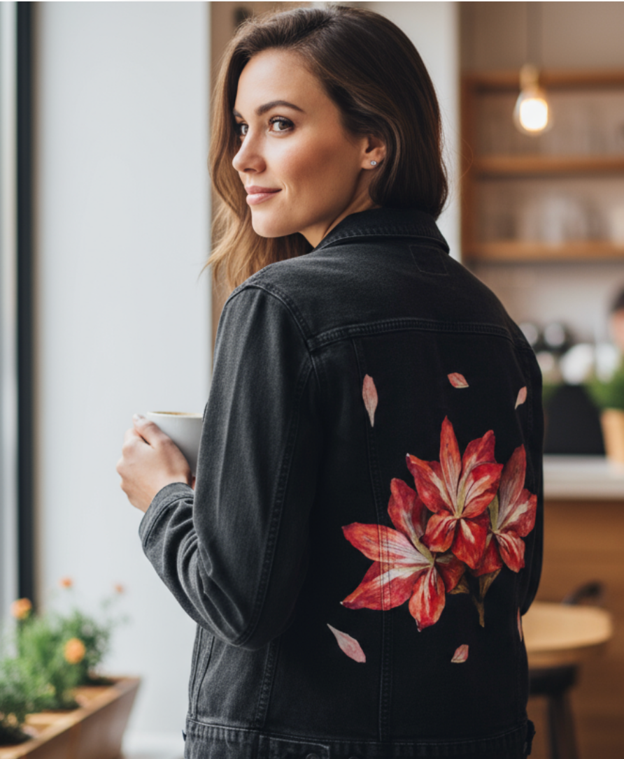 3 RED FLOWERS by RAMIR DESIGNS, digitally printed on DENIM products: throw pillows, aprons, table place mats, and hand-made Unisex Denim Jackets in 3 color choices