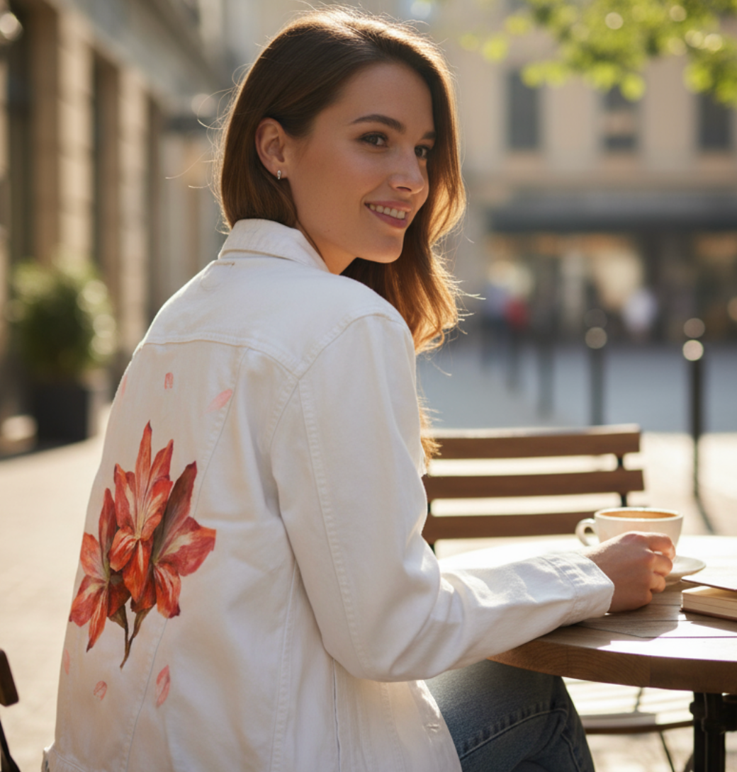 3 RED FLOWERS by RAMIR DESIGNS, digitally printed on DENIM products: throw pillows, aprons, table place mats, and hand-made Unisex Denim Jackets in 3 color choices