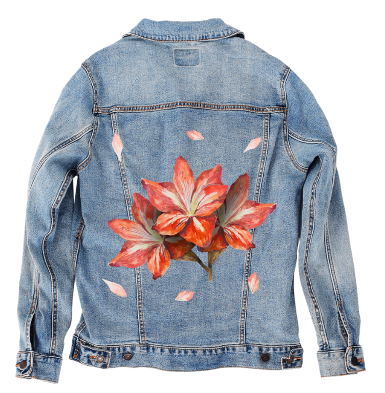 3 RED FLOWERS by RAMIR DESIGNS, digitally printed on DENIM products: throw pillows, aprons, table place mats, and hand-made Unisex Denim Jackets in 3 color choices