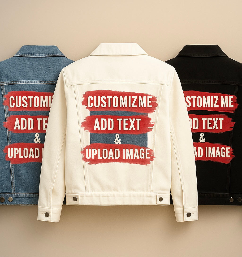 Customize &amp; Create your own Denim Jacket (hand-crafted) with 3 color choices: Stonewash, White, or Black. Unisex XS S M L XL 2X 3X. USA hand-crafted and USA digitally printed. Ships WORLDWIDE and free within the USA