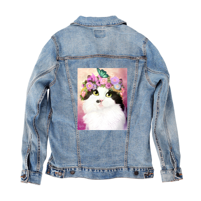 Customer Designed Custom Denim Jacket (hand-crafted) with 3 color choices of jacket: Stonewash, White, or Black. Unisex XS S M L XL 2X 3X. USA hand-crafted and USA digitally printed. Ships free within the USA &amp; also ships Internationally.