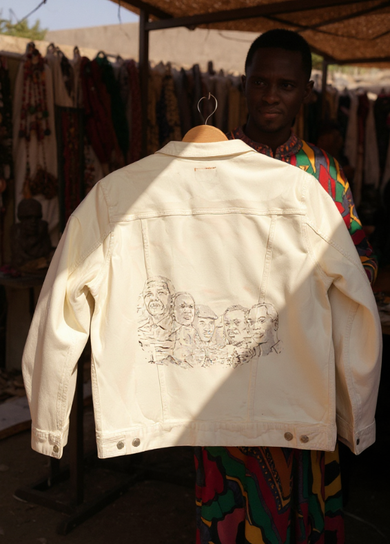 AFRICA MOUNT RUSHMORE, by THE NYGERIANS, digitally printed on DENIM products: throw pillows, aprons, table place mats, and hand-made Unisex Denim Jackets in 3 color choices