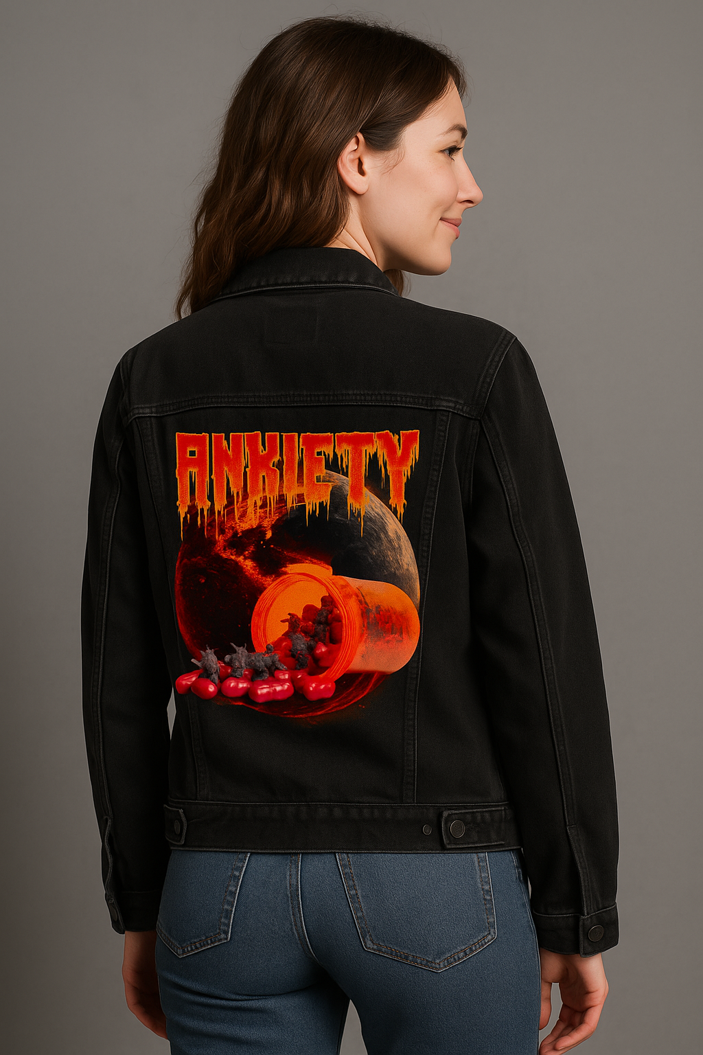 ANXIETY by DeROUCHE DESIGNS, digitally printed on DENIM products: throw pillows, aprons, table place mats, and hand-made Unisex Denim Jackets in 3 color choices