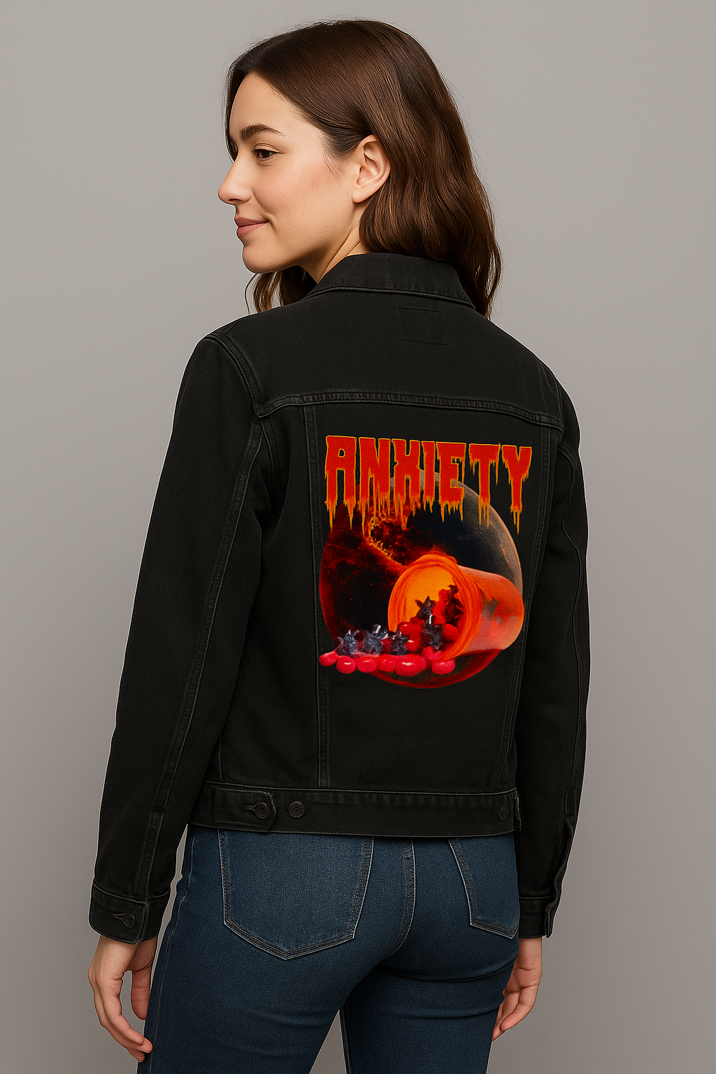 ANXIETY by DeROUCHE DESIGNS, digitally printed on DENIM products: throw pillows, aprons, table place mats, and hand-made Unisex Denim Jackets in 3 color choices