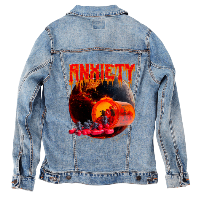 ANXIETY by DeROUCHE DESIGNS, digitally printed on DENIM products: throw pillows, aprons, table place mats, and hand-made Unisex Denim Jackets in 3 color choices