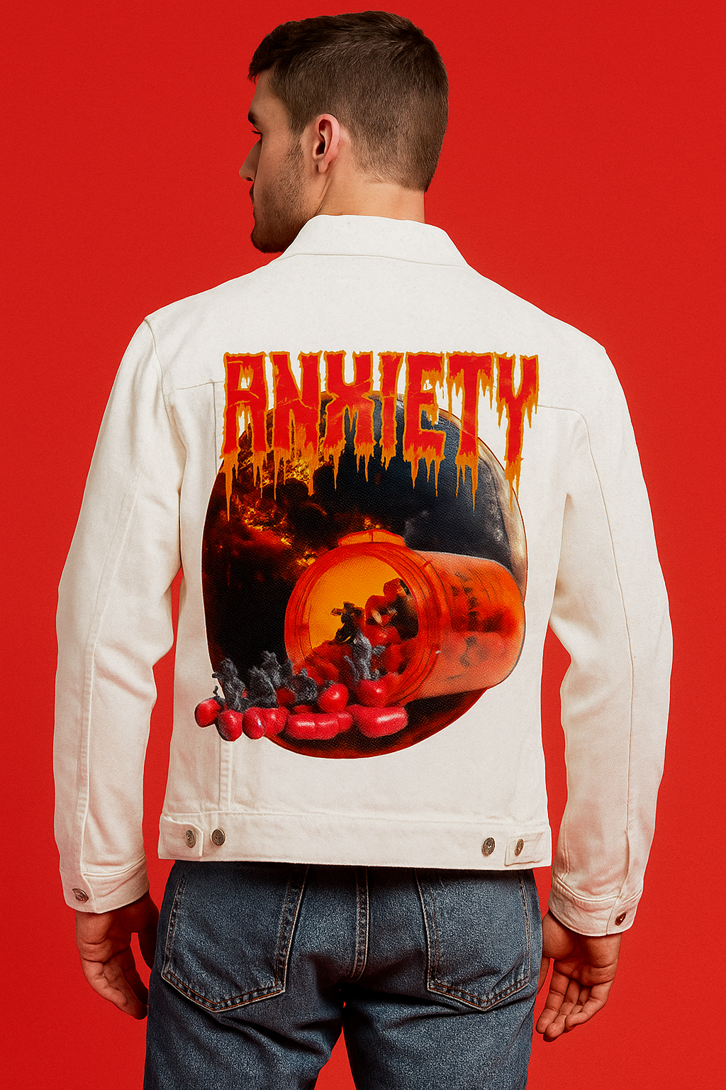 ANXIETY by DeROUCHE DESIGNS, digitally printed on DENIM products: throw pillows, aprons, table place mats, and hand-made Unisex Denim Jackets in 3 color choices