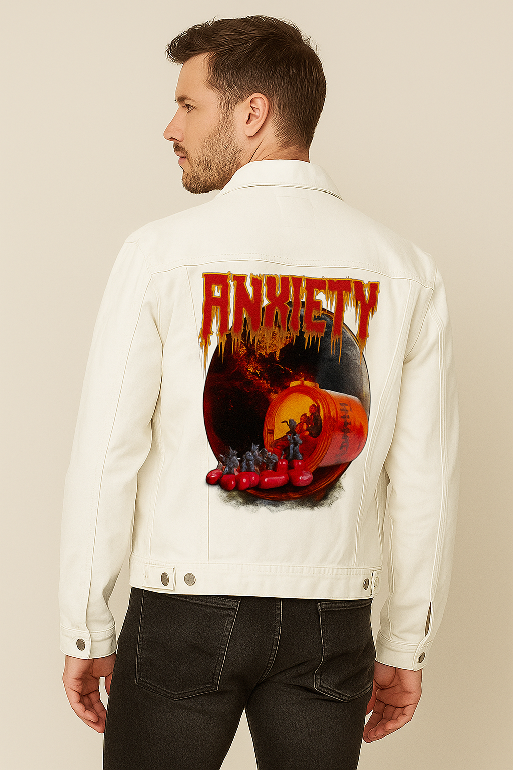 ANXIETY by DeROUCHE DESIGNS, digitally printed on DENIM products: throw pillows, aprons, table place mats, and hand-made Unisex Denim Jackets in 3 color choices