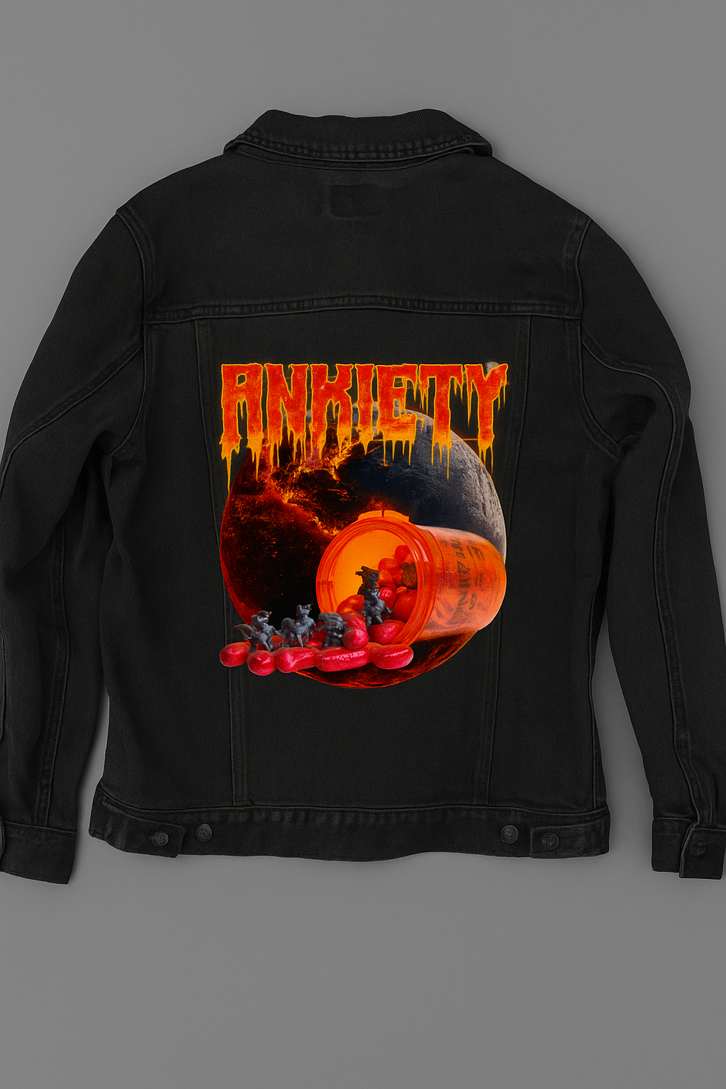 ANXIETY by DeROUCHE DESIGNS, digitally printed on DENIM products: throw pillows, aprons, table place mats, and hand-made Unisex Denim Jackets in 3 color choices