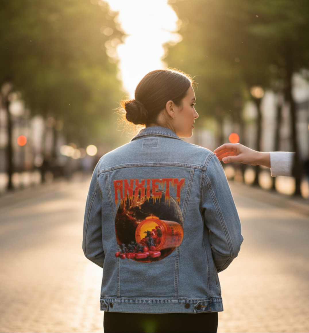 ANXIETY by DeROUCHE DESIGNS, digitally printed on DENIM products: throw pillows, aprons, table place mats, and hand-made Unisex Denim Jackets in 3 color choices